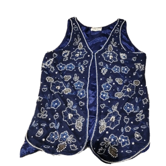 Nipon Night Women's Evening Blue Vest Size Medium Silk  Beads Sequins NWT - Picture 3 of 8